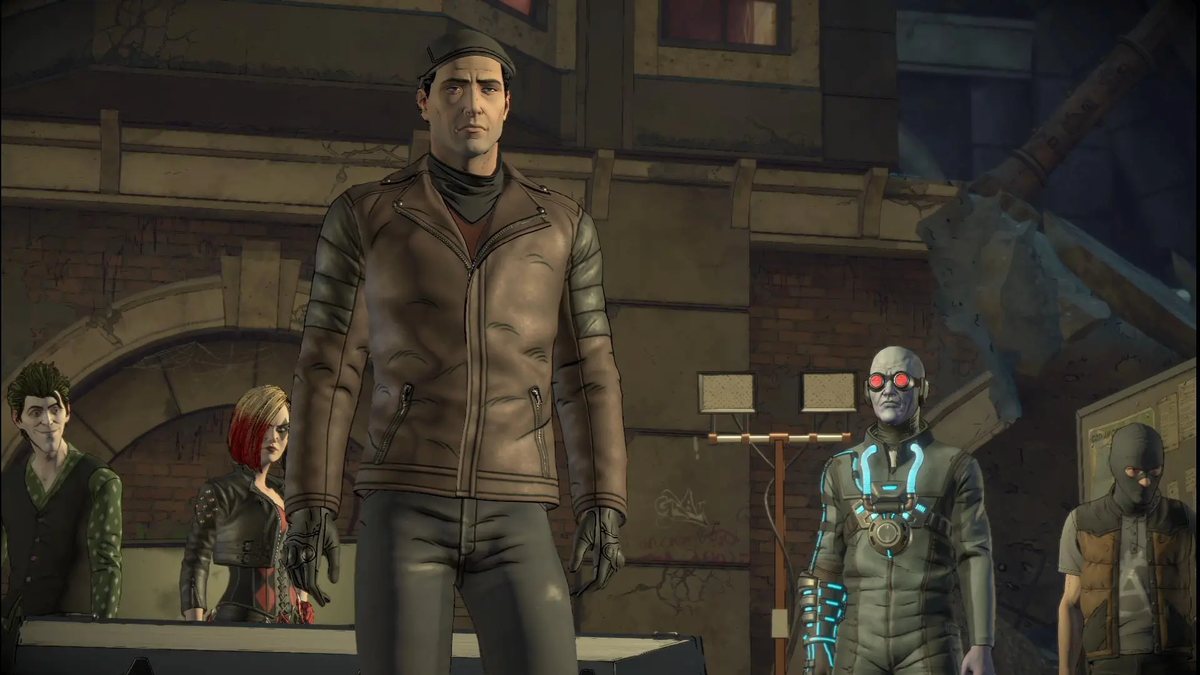 Batman: The Enemy Within: Bruce Wayne undercover in front of a line of villains