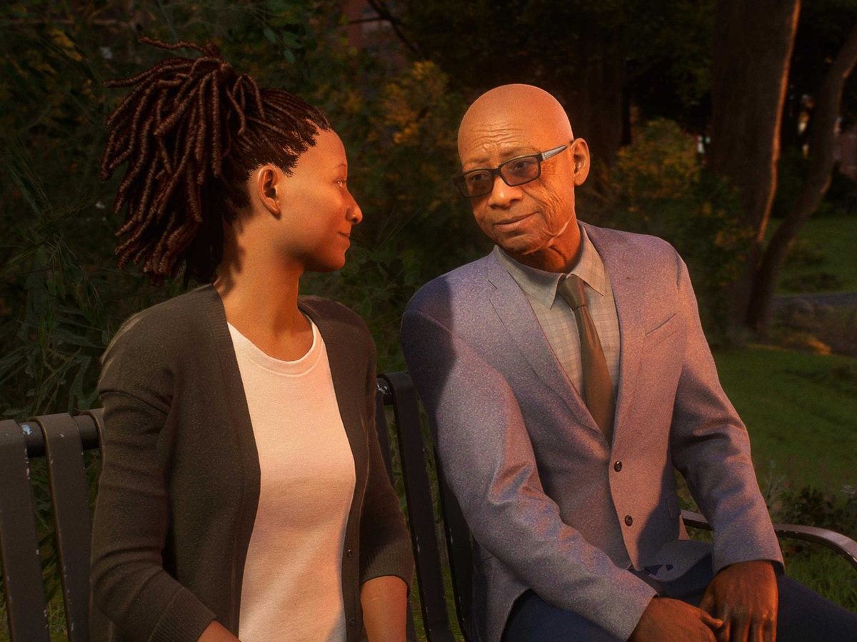 Marvel's Spider-Man 2: two characters talking on a park bench at sunset