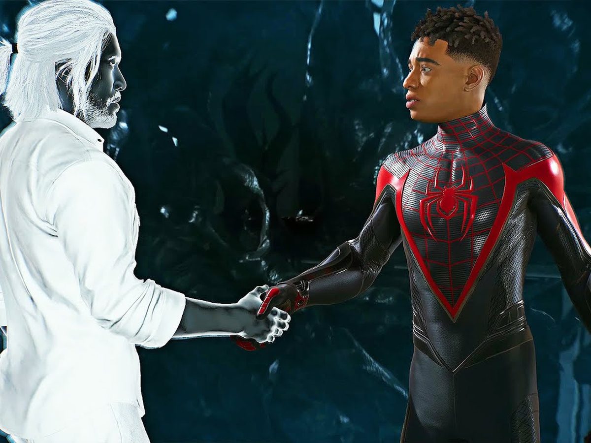 Marvel's Spider-Man 2: Miles Morales shaking hands with a white-haired man