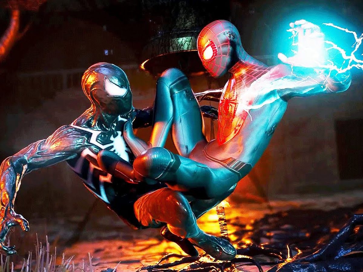 Marvel's Spider-Man 2: Spider-Man in the black suit and Miles Morales mid-fight