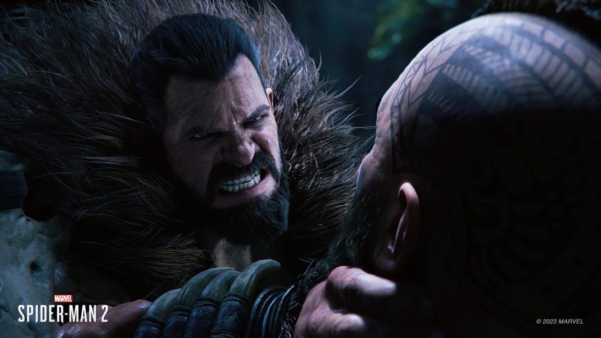 Marvel's Spider-Man 2: Kraven gripping a tattooed opponent