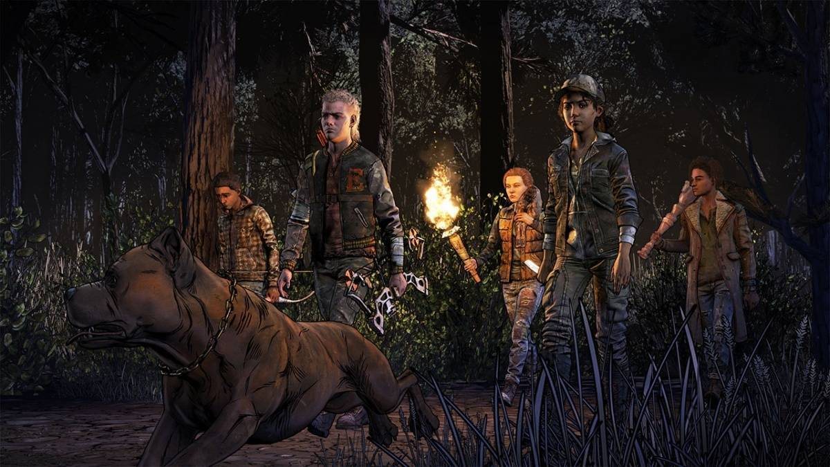 The Walking Dead: The Final Season: Clementine and companions walking through a dark forest with a dog