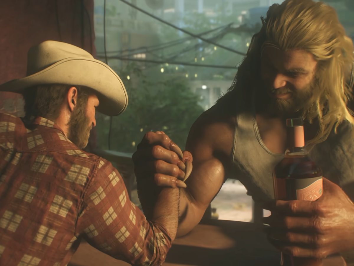 Marvel's Wolverine: Logan arm-wrestling a long-haired brawler at a bar