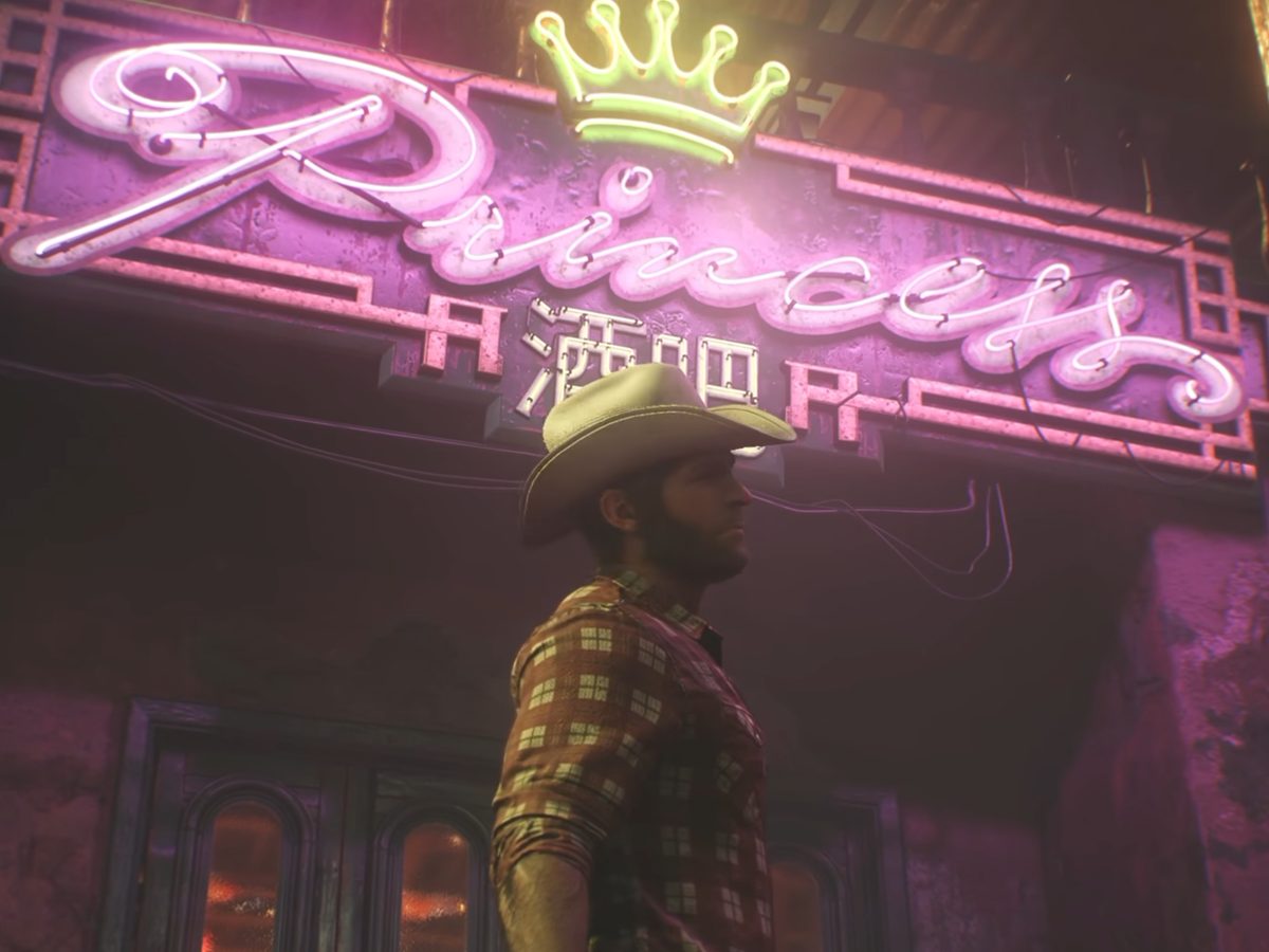 Marvel's Wolverine: Logan beneath a pink neon bar sign