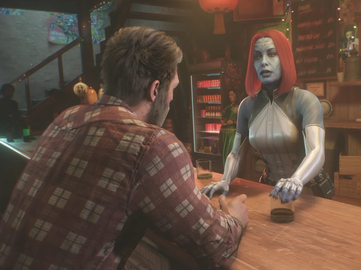 Marvel's Wolverine: Logan at a bar counter facing a blue-skinned bartender